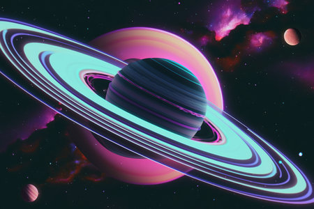 Saturn in space. Solar system. Colorful abstract background.の素材