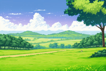 Illustration of a green field with trees and mountains on the horizonの素材