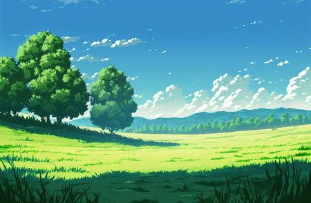 Summer landscape with green meadow and trees.の素材