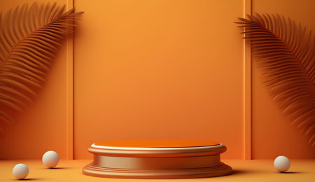 3d render of podium for product presentation with palm leaves shadow on orange backgroundの写真素材