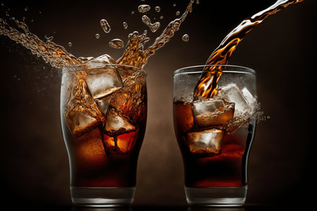 Cola with ice cubes on a dark background, splashes and dropsの写真素材
