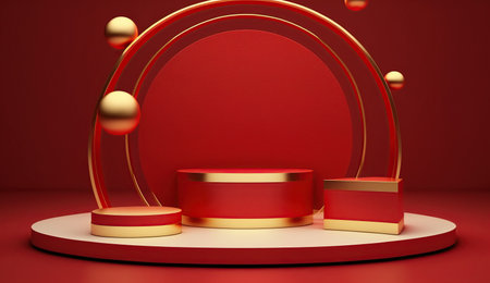 3d render, abstract minimal scene with red podium, round stage, pedestal or platform for cosmetic product presentation.の写真素材