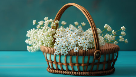 Basket with beautiful lily of the valley flowers on color wooden backgroundの写真素材