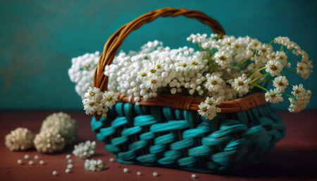 White gypsophila flowers in a basket on a dark backgroundの写真素材