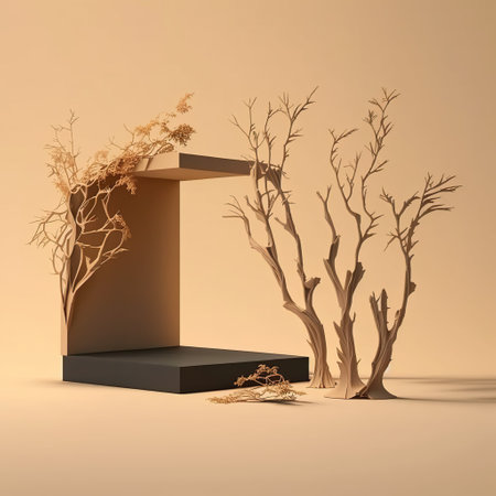 3D render of minimal display podium for product presentation with dry tree branches.の写真素材