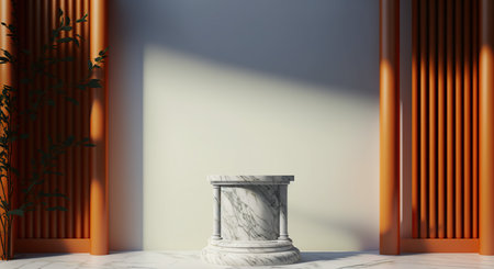 3d rendering of marble pedestal in empty room with orange curtainsの写真素材