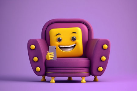 Funny smiley yellow chair on purple background. 3d illustrationの写真素材