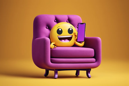 Smiley emoji sitting in purple armchair with mobile phone on itの写真素材