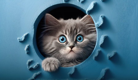 Cute kitten peeking out of hole in blue wall. Blue background.の写真素材