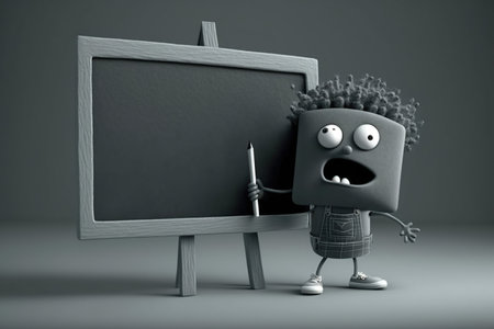 Empty blackboard with cute flower pot character, 3d render illustrationの写真素材