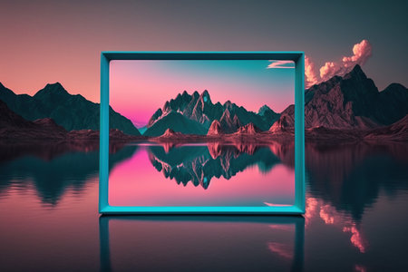 Sunset in the mountains reflected in the water. 3d rendering