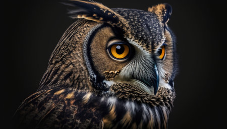 Portrait of a great horned owl on a dark background.の写真素材