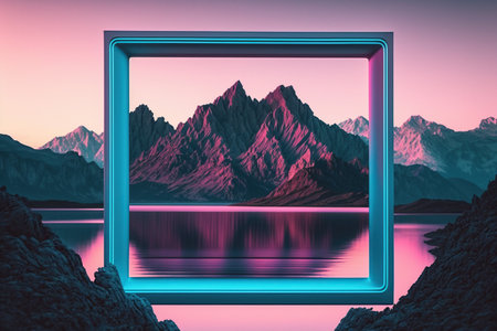 Mountain landscape with lake and blue frame. 3d illustration.の写真素材