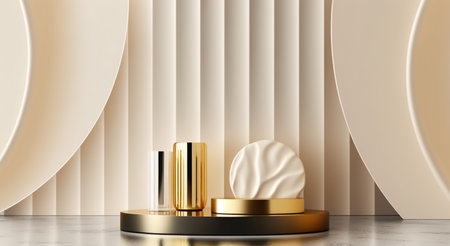 3d rendering of abstract geometric forms. Glossy golden podium, pedestal or stand for cosmetic product presentation. Luxury pedestal for advertising.の写真素材