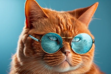Portrait of a red cat wearing sunglasses on a blue background.の写真素材
