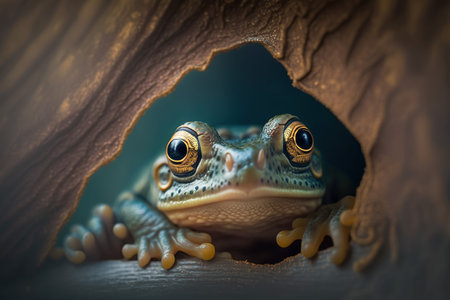 Frog in a hole in a tree. Close-up.の写真素材