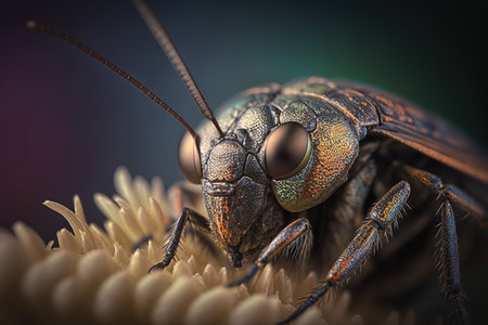 Macro shot of the head of a black cockroach on a flowerの写真素材