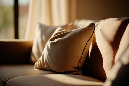 Sofa with pillows in living room at sunset, closeupの写真素材