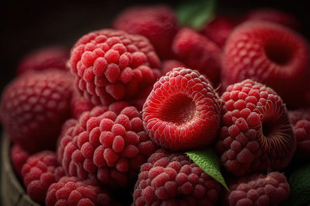 Fresh raspberries in a bowl on wooden table. Selective focus. Toned.の写真素材