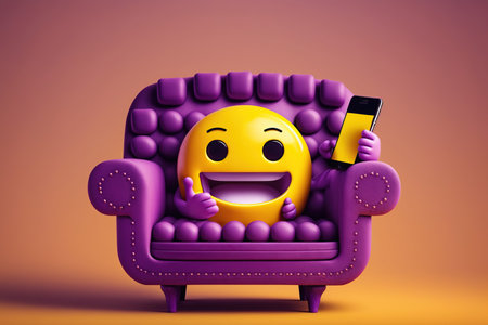comic smiley sitting on sofa with phone in hand 3d renderingの写真素材