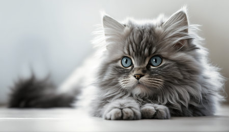 Cute cat with blue eyes on light background. Fluffy petの写真素材