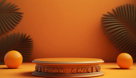 3d rendering of orange minimal geometric forms. Glossy luxury podium for your design.の写真素材