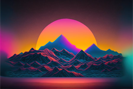 Abstract mountain landscape in neon style. Landscape with mountains and sunset.の素材