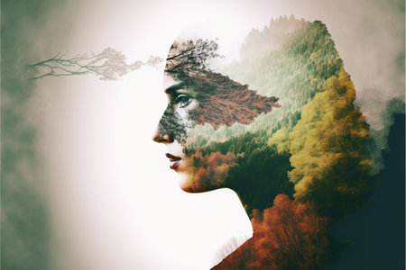 Double exposure portrait of a woman combined with a nature landscape image.の素材