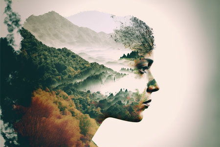 Double exposure of woman face and nature landscape. Double exposure concept.の素材