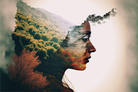 Digital composite of profile of woman with smoke in hair against autumn landscapeの素材