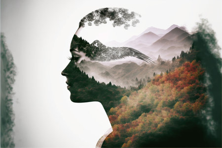 Double exposure of female head and nature landscape with bird in the skyの素材