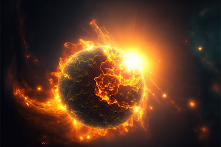 Burning planet with sun in the space. 3D illustration.の素材