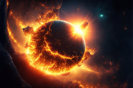 Fiery planet in space. Elements of this image furnished by NASAの素材