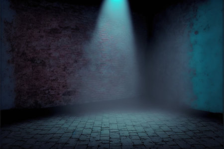Grungy dark room with brick floor and spotlights.の素材