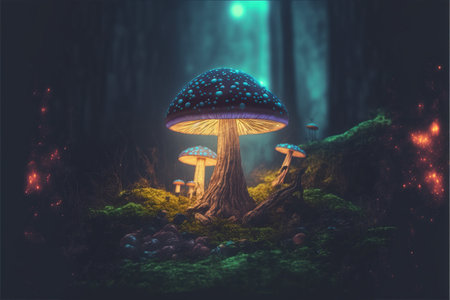 Fantasy mushroom in the forest at night. 3D illustration.の素材