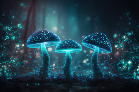Magic mushrooms in a dark forest. 3d rendering, 3d illustration.の素材