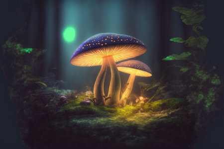 Fantasy mushroom in the forest at night. 3d illustration.の素材