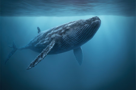 Humpback whale swimming in deep blue ocean.の素材