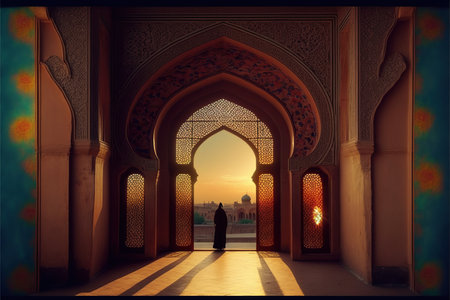 Muslim woman praying in the mosque at sunset. 3d rendering.の素材