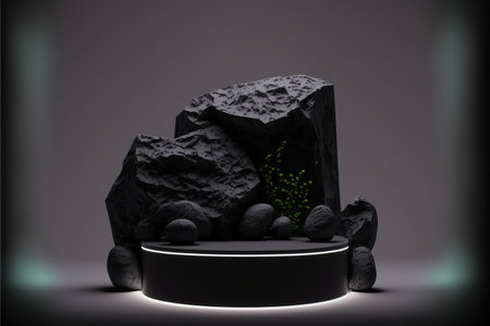 Black pedestal for product display on dark background. 3d renderingの素材