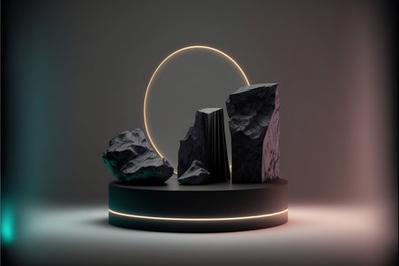 3d render, abstract background, black podium, pedestal or platform for product presentationの素材