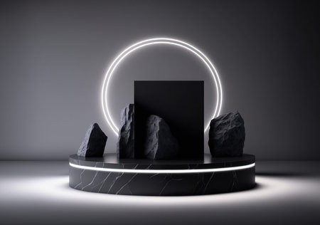Black podium for product presentation in dark room with neon lights 3D renderingの素材