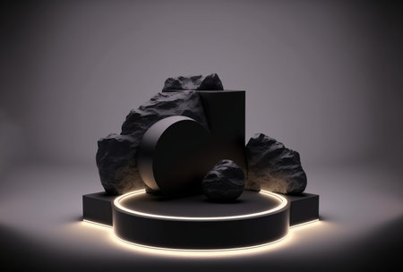 Black podium for product presentation with neon light. 3D rendering.の素材