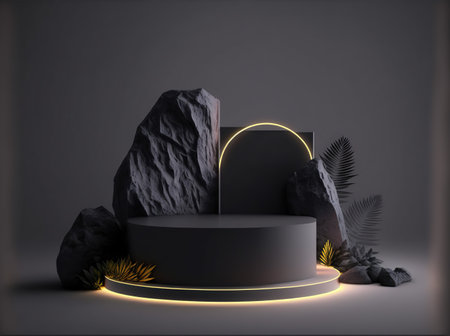 3d render, abstract display podium for product presentation, minimal scene with round stage and geometric shapes.の素材