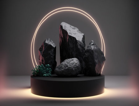 Minimal scene with podiums and neon lights. 3D renderingの素材