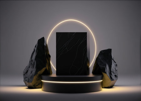Black marble podium for product presentation. Mock up, 3D Renderingの素材