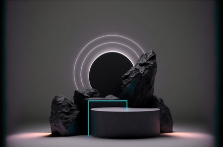 3d render, abstract minimal geometric forms. Glossy black podium for your design, empty round stage, pedestal or platformの素材