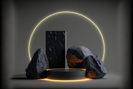 3d render, abstract geometric forms, podium for your design, black backgroundの素材