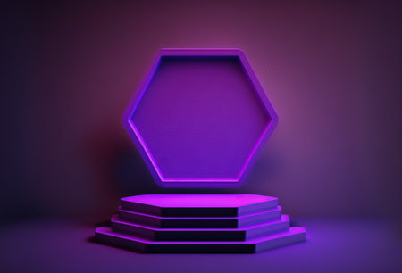 Purple podium illuminated with neon light. 3D rendering mock upの素材