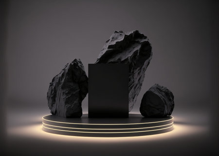 Black podium for product presentation on dark background. Mock up, 3D Renderの素材